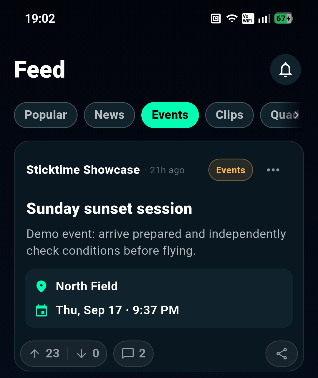 A community flying event in the Sticktime feed.