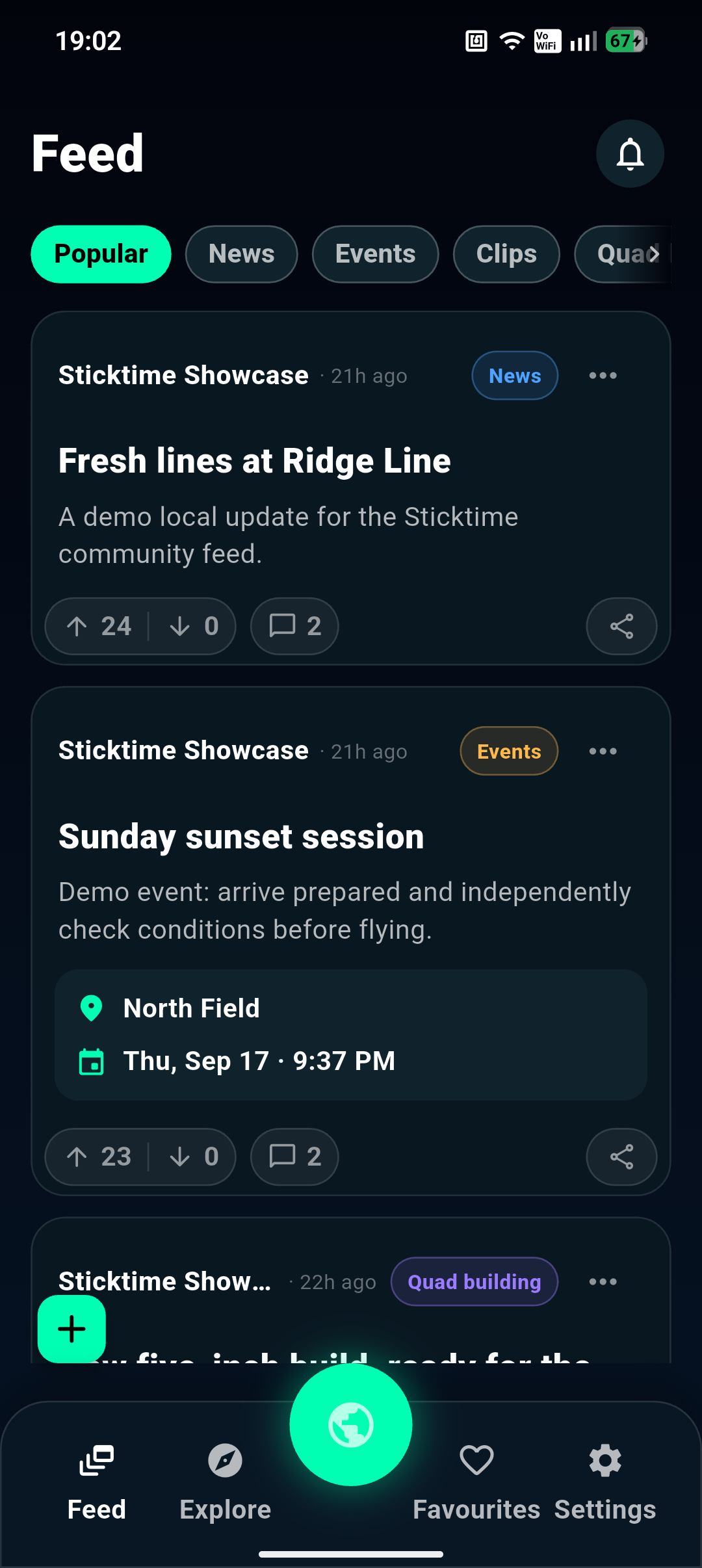 Sticktime's community feed containing FPV posts and flying sessions.