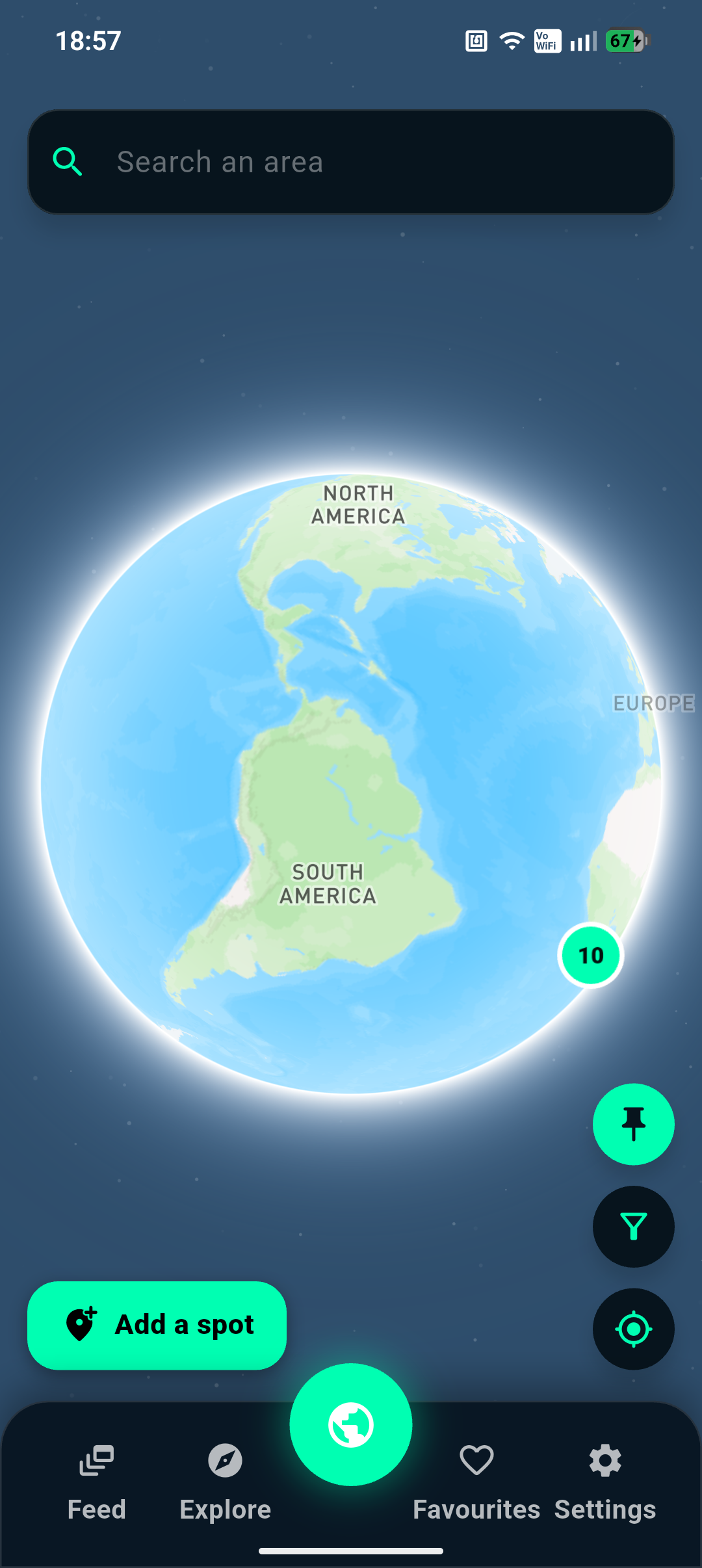 Sticktime's full globe view with community flying spots.