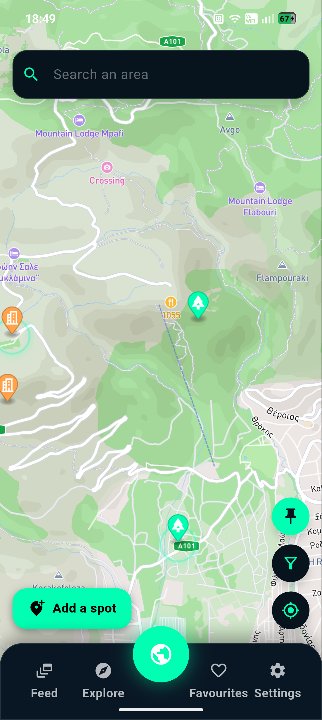 Sticktime's map showing flying spots around Mount Parnitha.